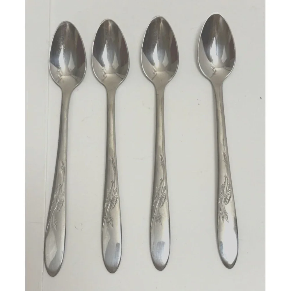 Set 4 Art‎ Nouveau Butterfly Stainless Steel Iced Tea Spoons USA Made 7.25